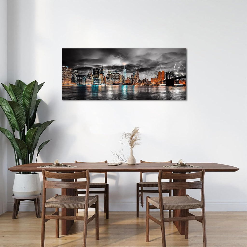 New York City Canvas Wall Art Manhattan Skyline Lightning Storm Cityscape Picture Prints Night Landscape Modern Large