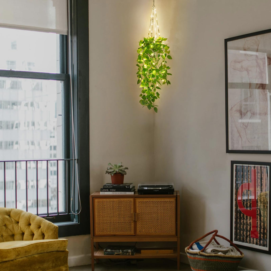 Fake Hanging Plant with Lights, Artificial Plants Decor Indoor Macrame Plant Hanger with Fake Vines, Batteries NOT