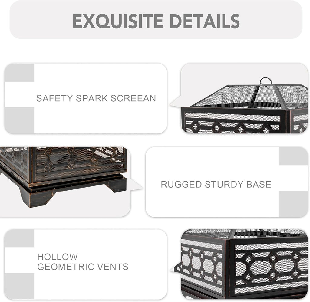 Outdoor Fire Pit, 26 Inch Wood Burning Firepit for Outside with Mesh Cover & Fire Poker, Large Square Metal Fireplace