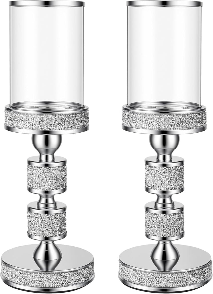 Hurricane Candle Holder, 13.5" Tall Metal Candle Stand, Glass Pillar Candle Holders, Crystal Silver Decorative