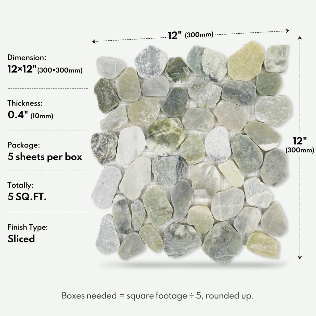 Pebble Tiles for Shower and Bathroom Floors, Jade Green Pebble Stone Mosaic Tile with Matte and Flat Surface, 5