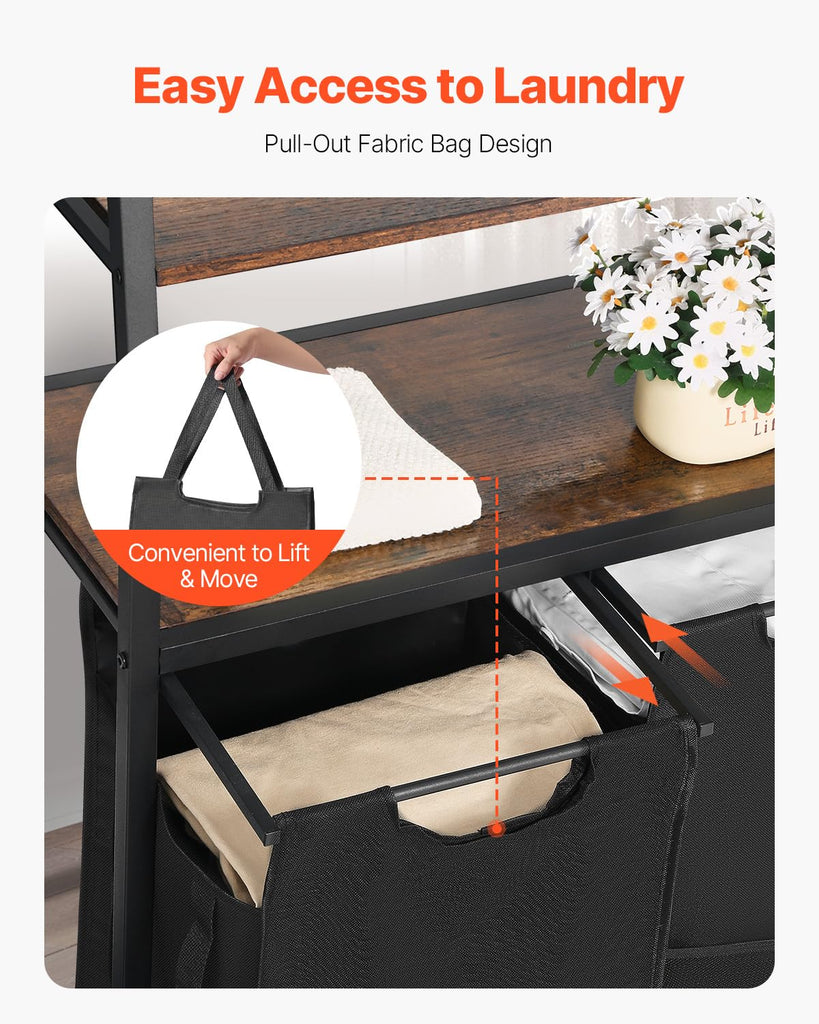 4 Tiers Laundry Sorter, Tall Laundry Hamper with Shelves and Hooks, 2 Section Freestanding Basket Organizer Storage