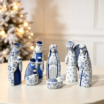 Chinoiserie Ceramic Nativity Set, 7-Piece, Blue and White, 6 inch