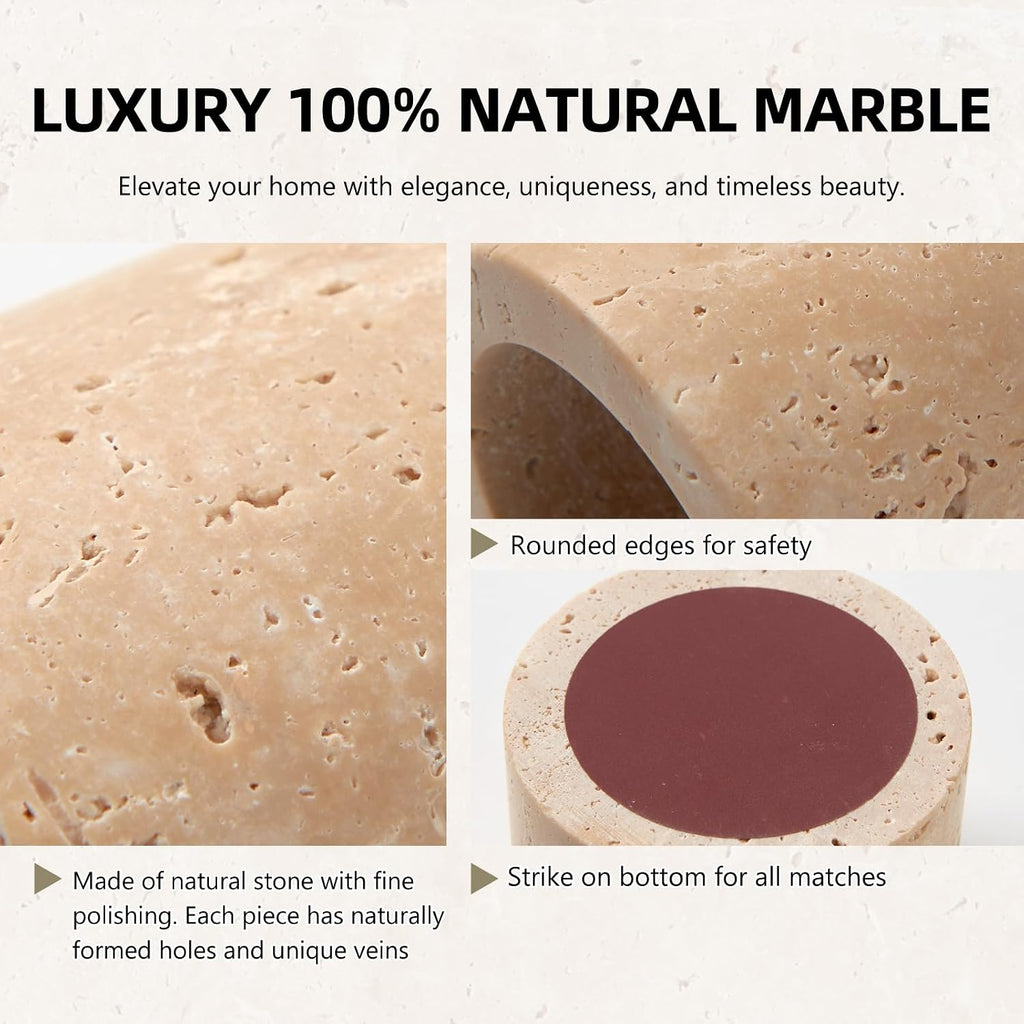 Luxury Natural Travertine Match Holder with Striker, Decorative Matchbox