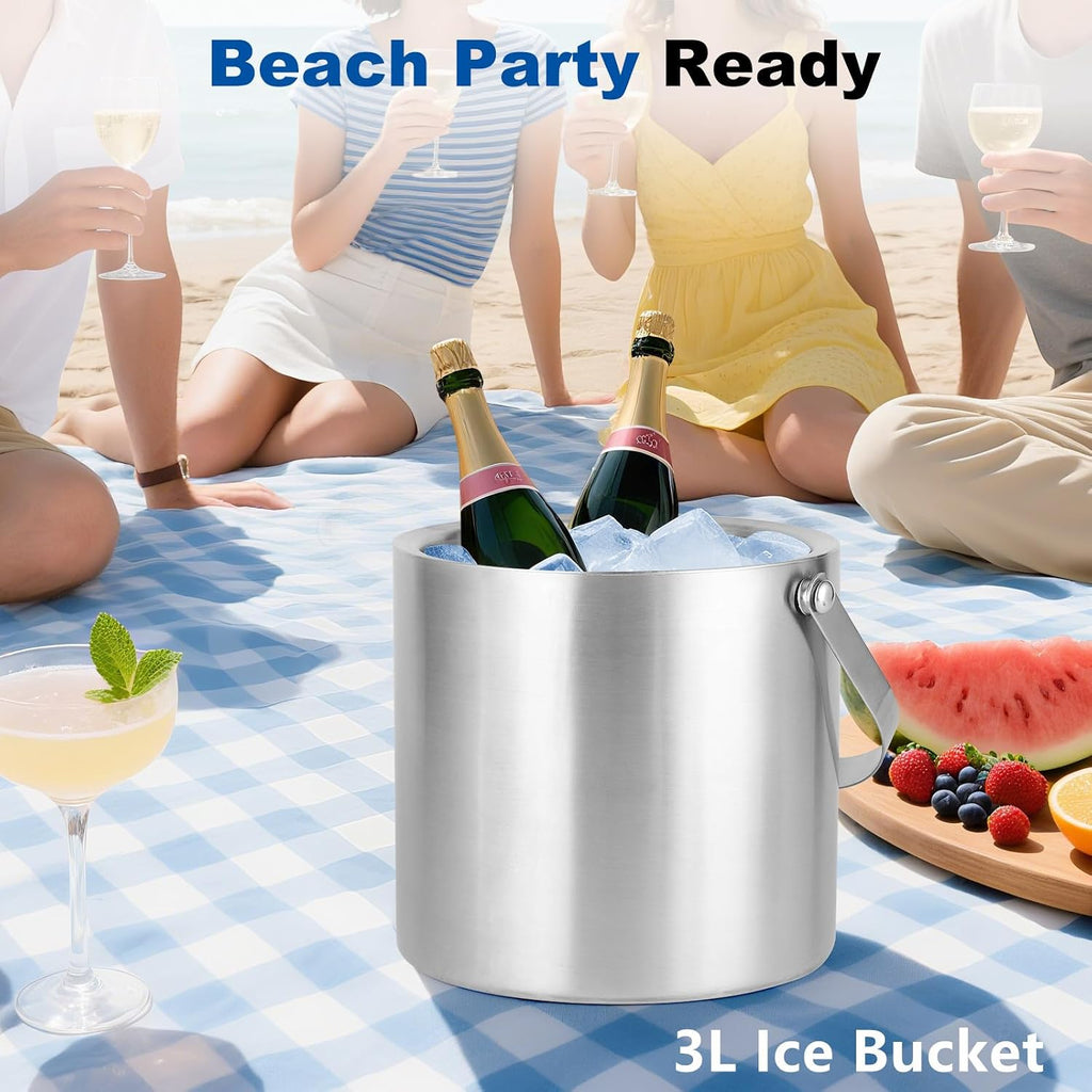 3L Stainless Steel Ice Bucket - Double-Wall Insulated Cooler Keeps Ice Frozen Longer for Wine, Champagne &