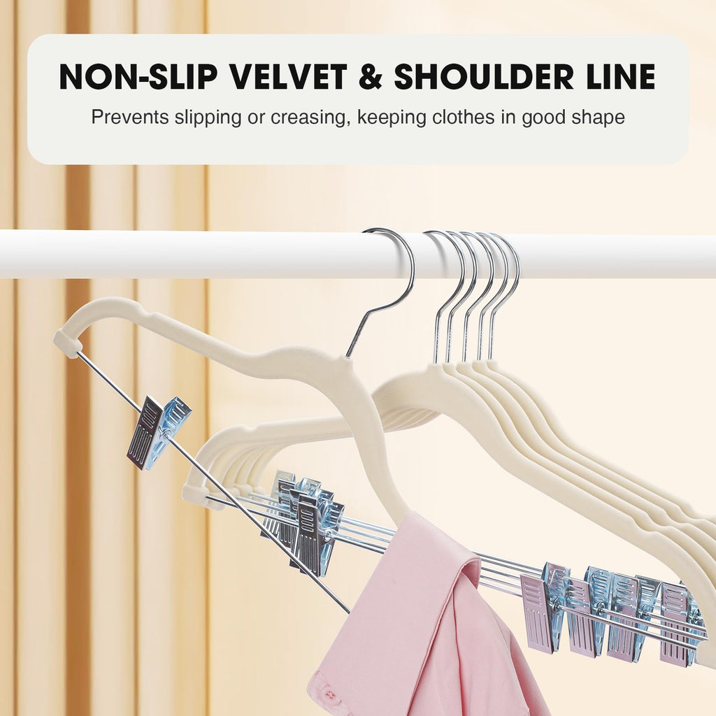 36-Pack Beige Velvet Hangers with Clips Adjustable, Adult Hangers, Heavy-Duty, Felt, Non-Slip, Space Saving, Slim Outfit