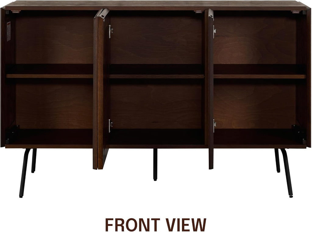 Modern Sideboard with 3 Doors, Natural Rattan Storage Cabinet, Buffet with Metal Legs, Boho Accent Cabinet , and