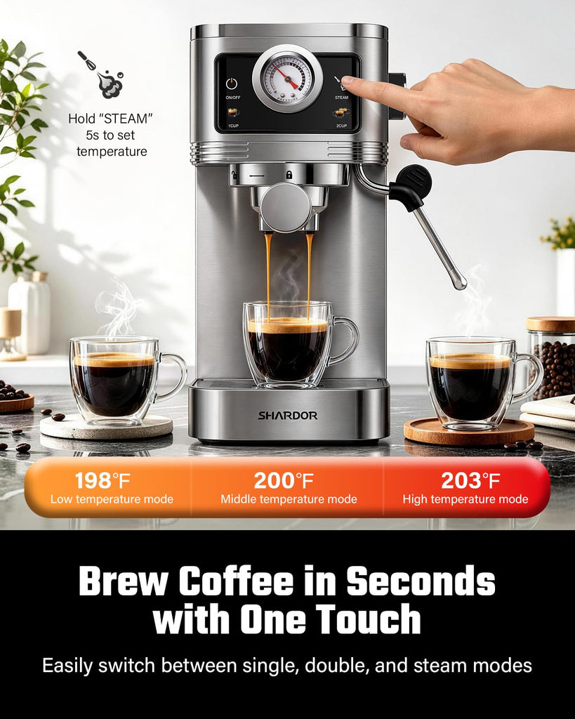 Espresso Coffee Machine 20 Bar with Milk Frother, Stainless Steel