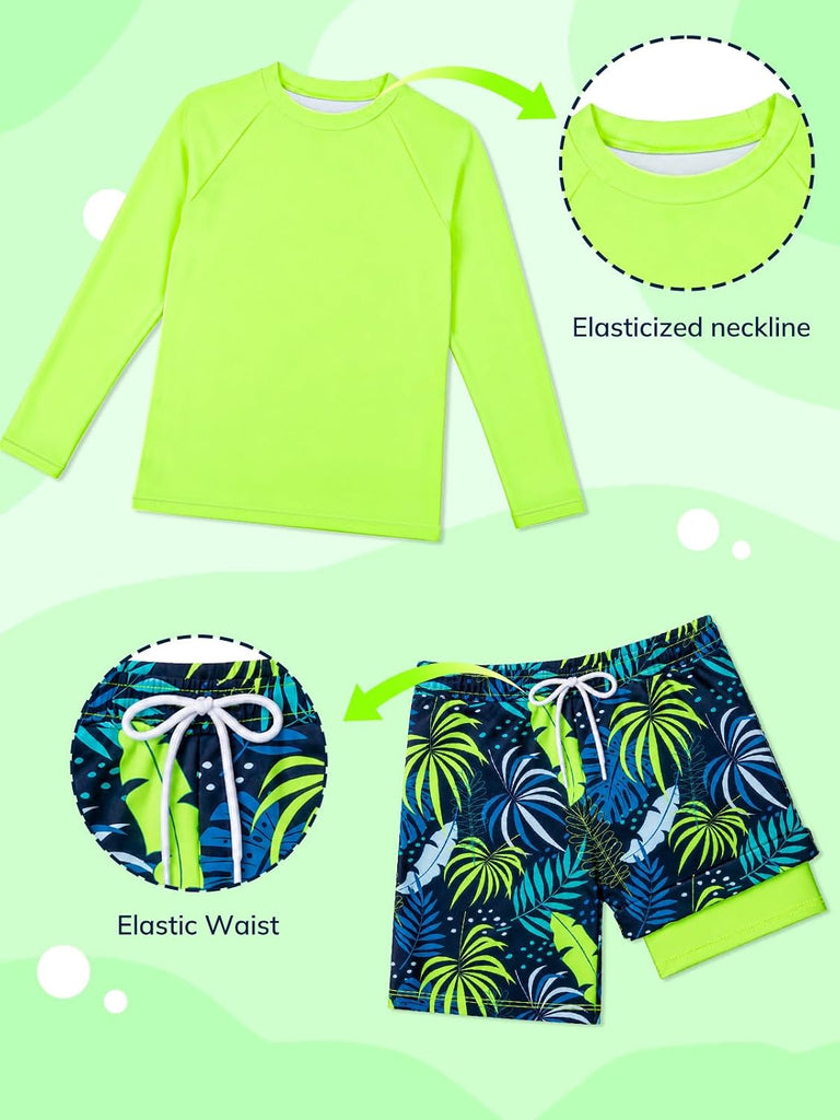 Boys Swim Set Long Rash Guard Shirt Compression Liner Swim Trunks