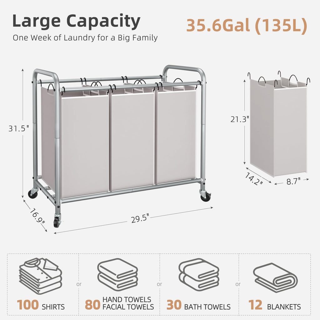 3 Section Laundry Sorter, Laundry Hamper with Wheels, Gray