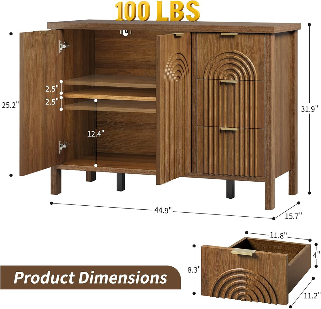 Sideboard Buffet Cabinet with Storage - Fluted Accent Coffee Bar Cabinets Kitchen Credenza with Drawers & Doors, Wood