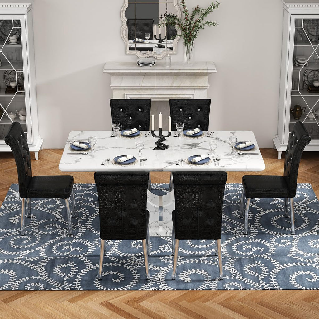 Modern Faux Marble Dining Table Set for 4, 63" White Rectangular Kitchen Table with Elegant U-Shaped Pedestal Base &