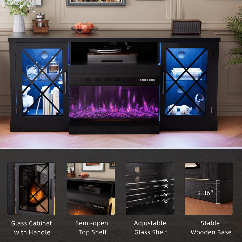 59" Fireplace TV Stand, 3 Sided Glass Fireplace Entertainment Center for TVs up to 70'' w/Storage Cabinet, Glass