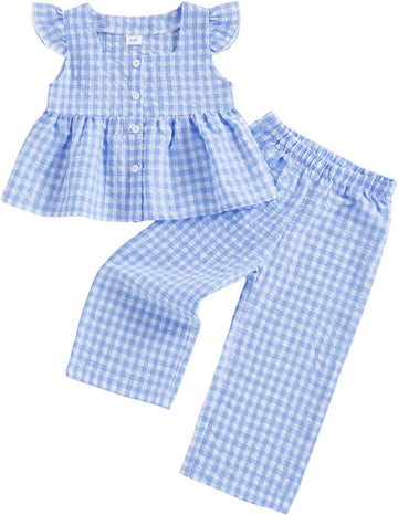 Girls Summer Outfits Ruffle Sleeve Button Up Dress Tops Plaid Linen Pants Spring Toddler Girl Clothes
