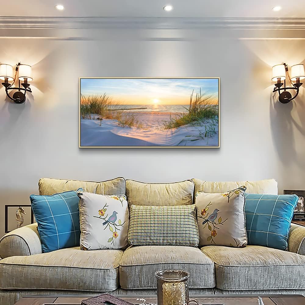 Framed Wall Art Modern Wall Decor Beach Landscapes Painting Coastal Picture Ocean Sunset Artwork for Walls Canvas