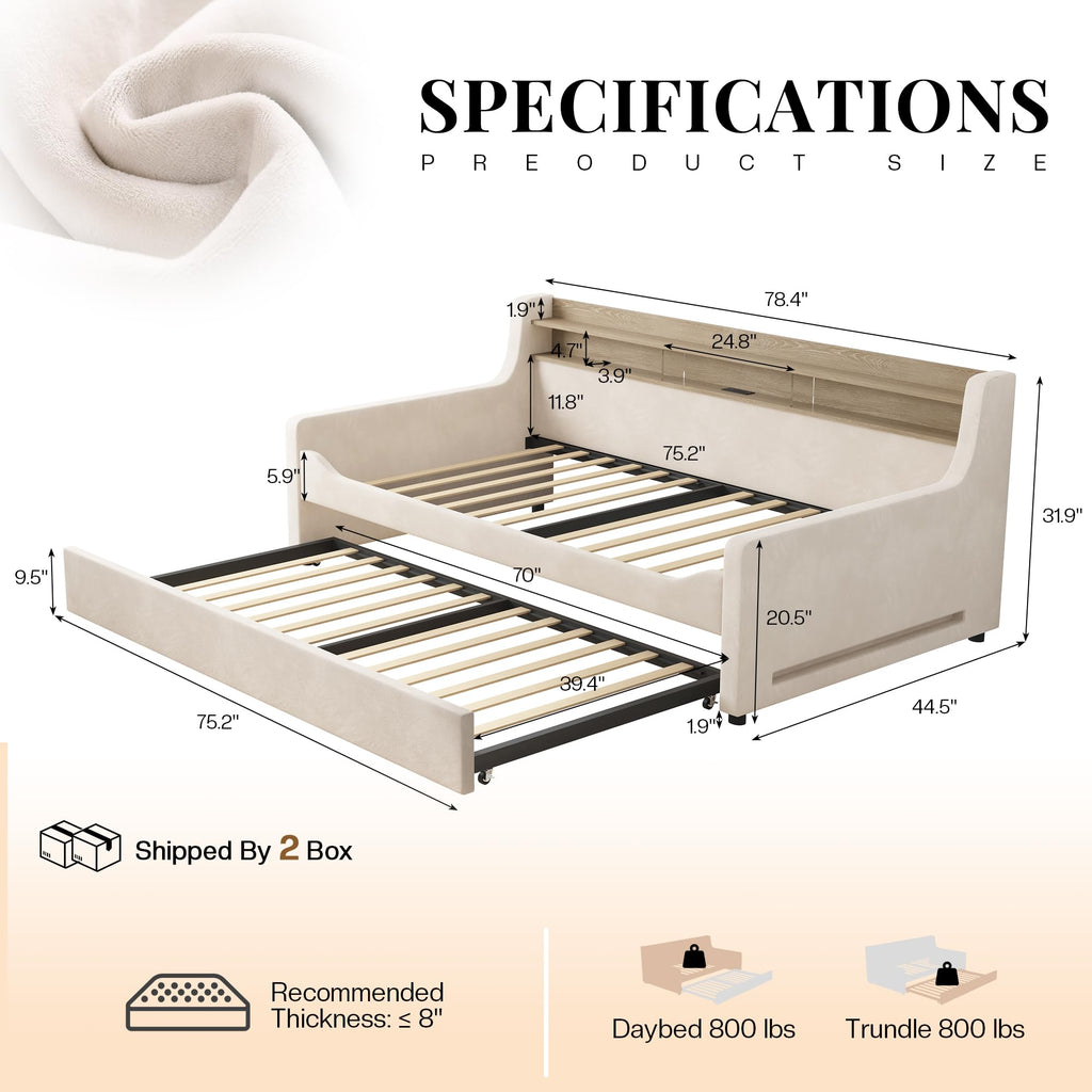 Twin Upholstered Daybed with Trundle and Storage Headboard, Cream