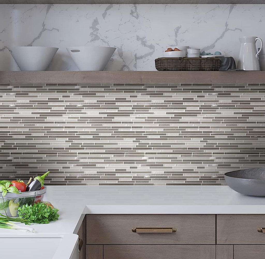 Linear Mosaic Glass Tile White & Grey 11.8x11.8 Polished 4.83 sq ft 5-Pack | Mesh-backed sheets. Kitchen backsplash