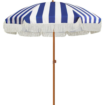 7ft Patio Umbrella with Fringe Outdoor Tassel Umbrella UPF50+ Wood Color Steel Pole and Steel Ribs Push Button Tilt
