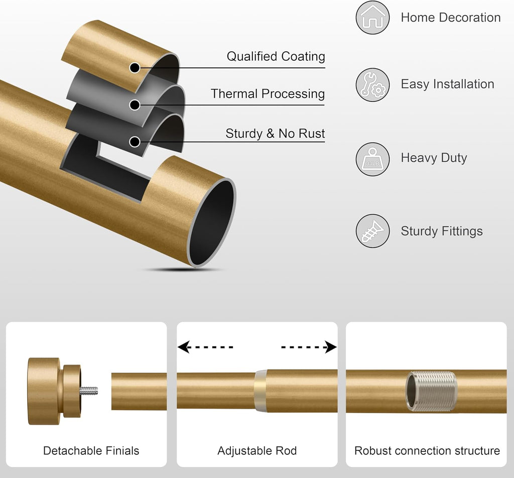 Gold Heavy Duty Curtain Rods for Windows 66 to 120 Inches Adjustable Length 1" Diameter Brass Curtain Rod with Modern