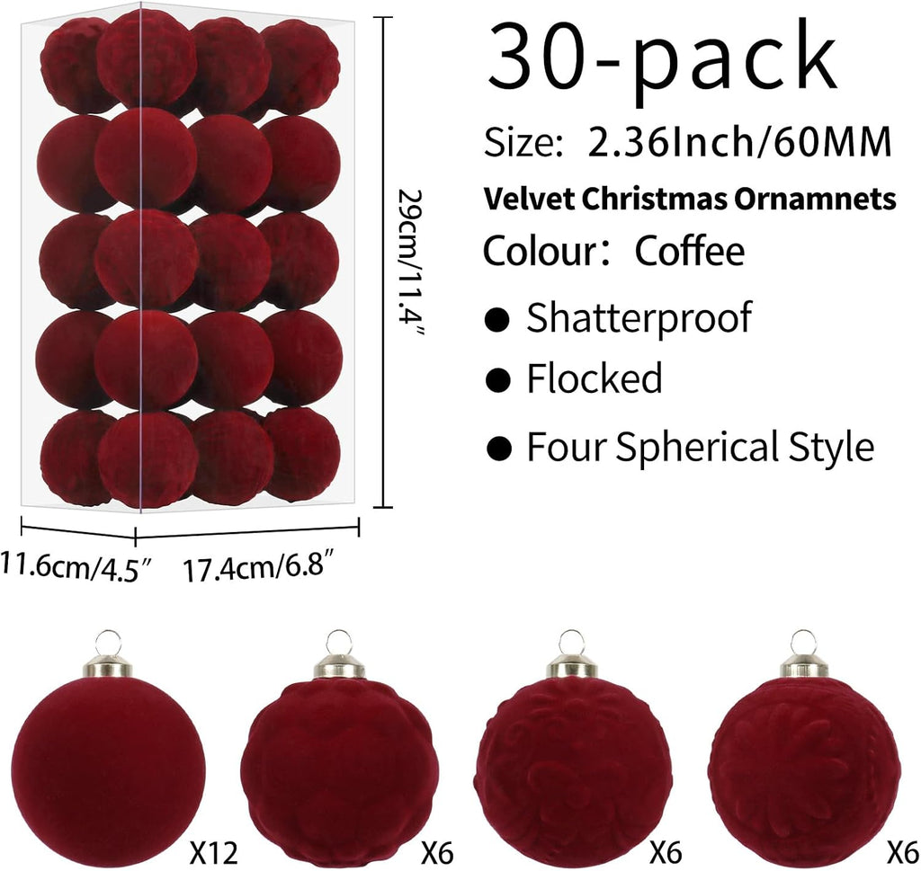 Burgundy Velvet Christmas Ornaments Decorations - Set of 30