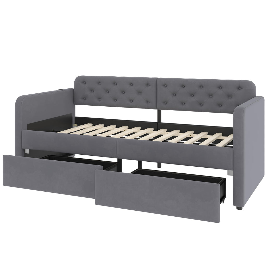 Daybed with Storage Drawers, Twin Size Velvet Upholstered Sofa Bedframe w/USB Port, Button Tufted Backrest and