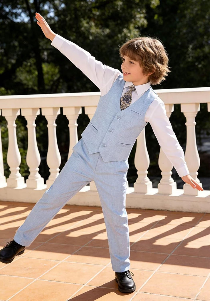 Boys Linen Suit 5 Piece Dress Tuxedo Kids Wedding Suits Vest Set