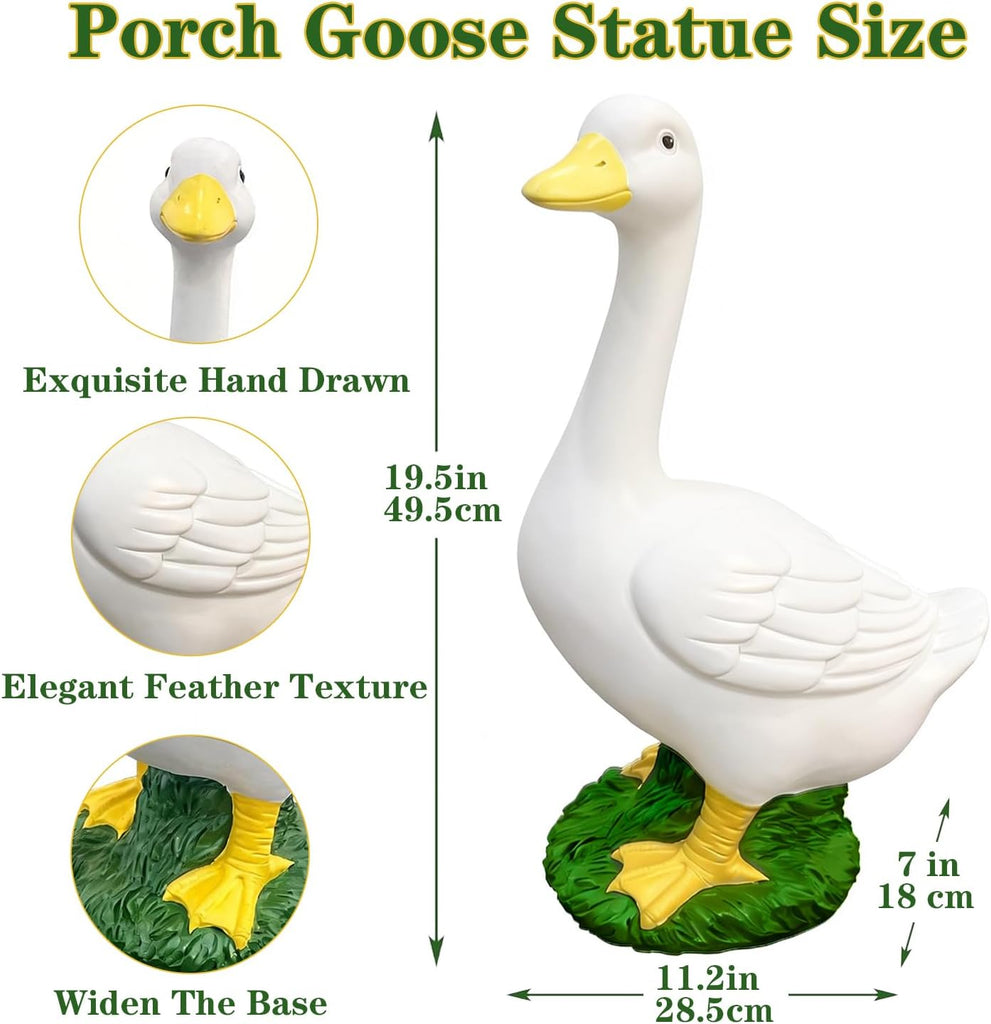 20′′ Porch Goose Statue Garden Decor, Durable Resin Sculpture Hand-Painted | No Sand Infill Required, Large Realistic