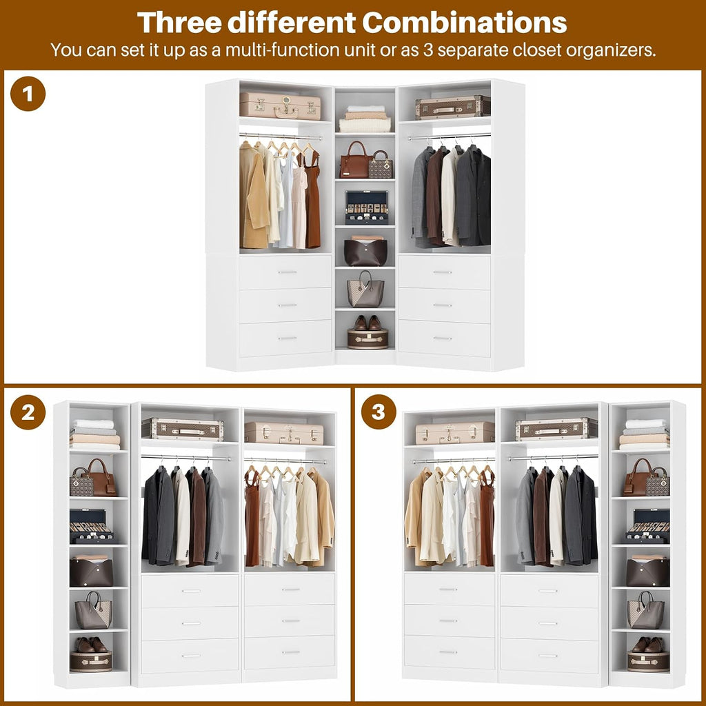 Closet System with 6 Drawers & 10 Shelves, Corner Closet Organizer System, Reversible Walk-in Closets, (L-Shaped