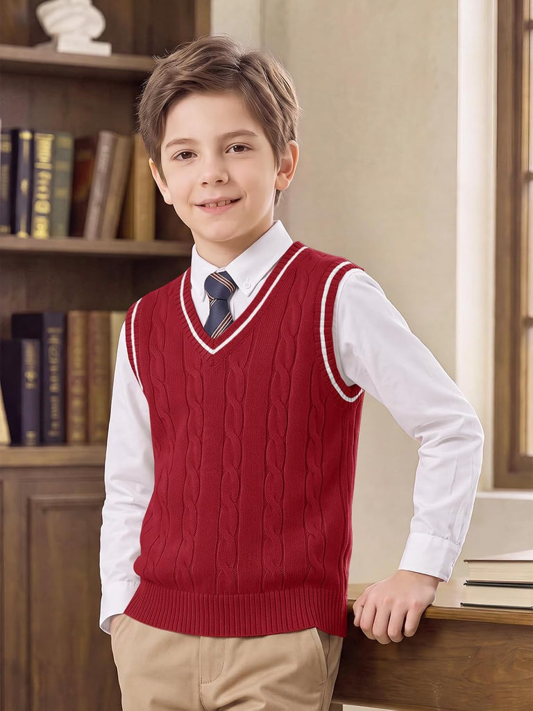 Boys Sweater Vest Cable Knit V Neck School Uniform Rib Tops