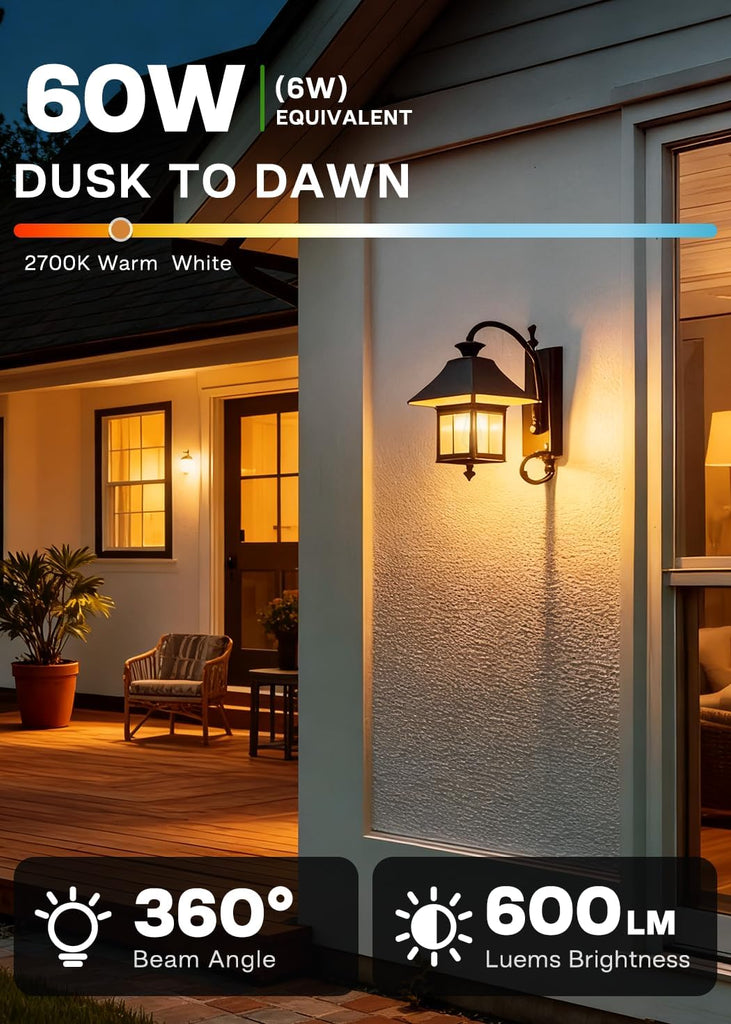 Dusk to Dawn Light Bulb Outdoor, Soft White 2700K, 6W Equivalent 60W