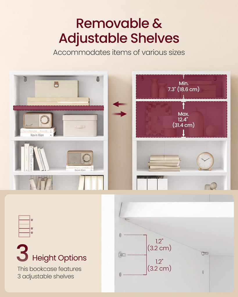 5-Tier Bookshelf, Minimalist Bookcase with Adjustable Shelves