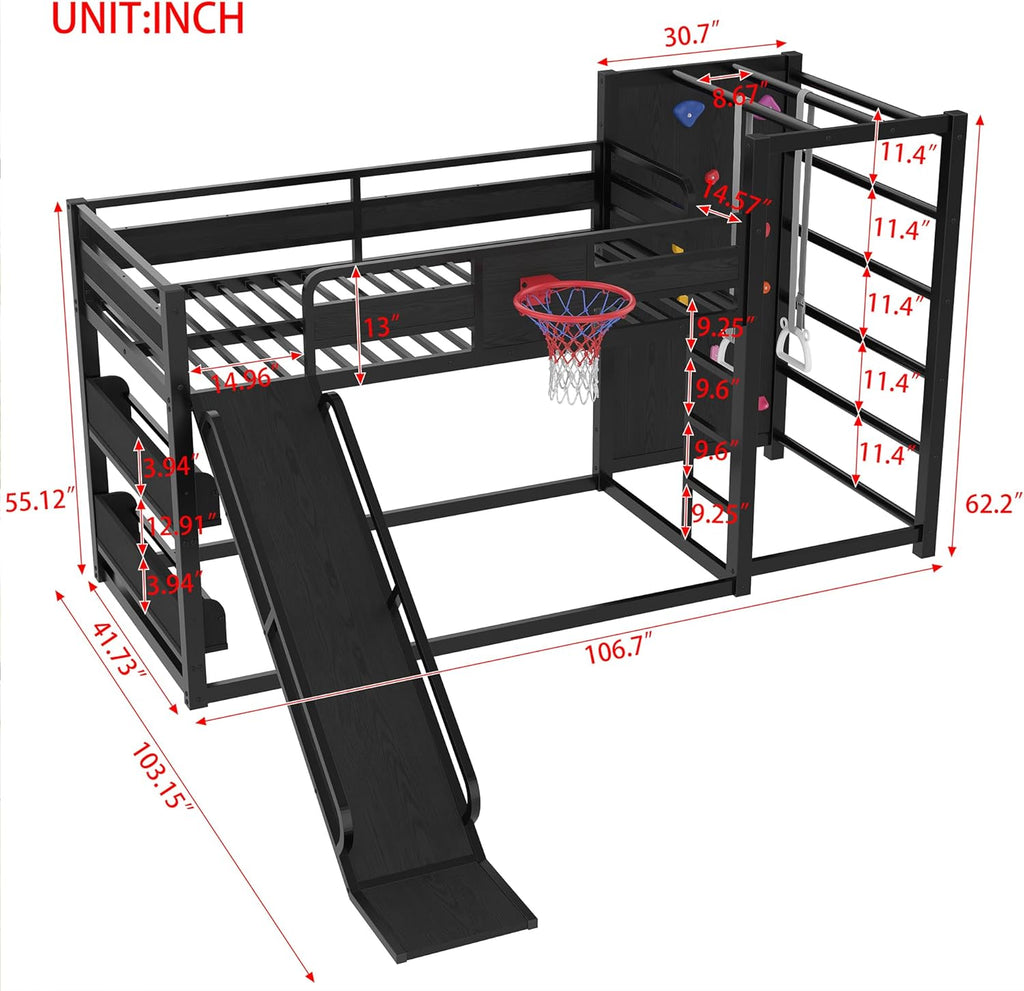 Twin Bunk Bed with Basketball Hoop, Pull-up Rings and Climbing Wall, Twin Bunk Bed with Slide and Bookcase