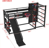 Twin Bunk Bed with Basketball Hoop, Pull-up Rings and Climbing Wall, Twin Bunk Bed with Slide and Bookcase