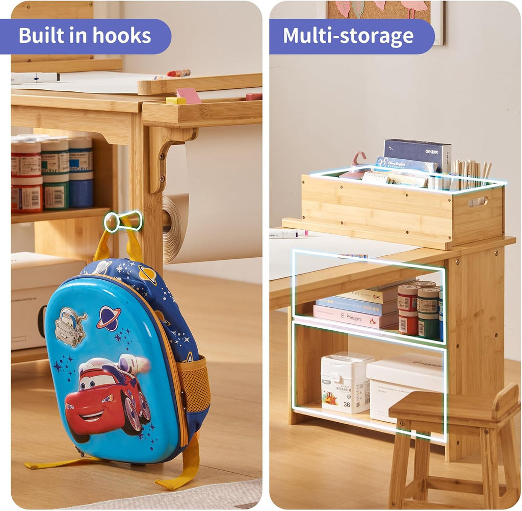 Kids Art Table and Chair Set with Paper Roll Holder, Toddler Craft Table with Storage Shelves, Side Supply Tray