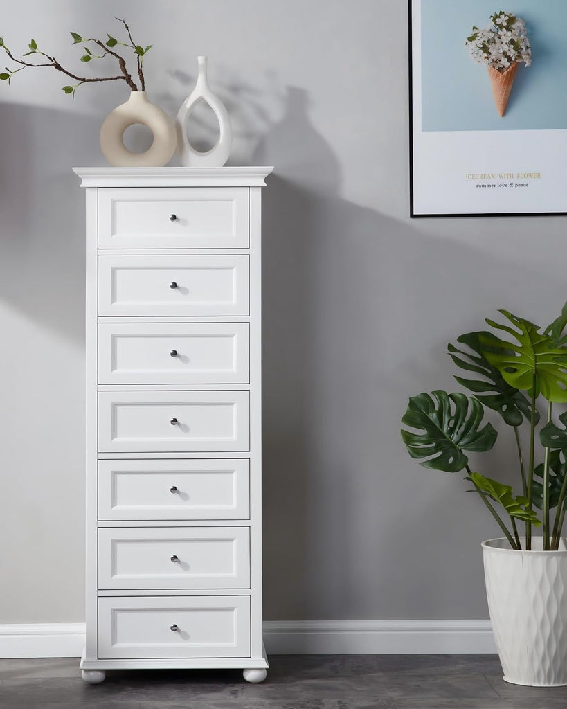 Tall Skinny Dresser with 7 Drawers, White Narrow Wood Dresser | Tall Vertical Chest of Drawers Dresser for Closet