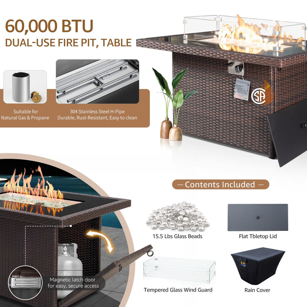 9 Piece Patio Furniture Conversation Set, Extra Large Size Outdoor Rattan Sectionals with Fire Pit Table Natural Gas