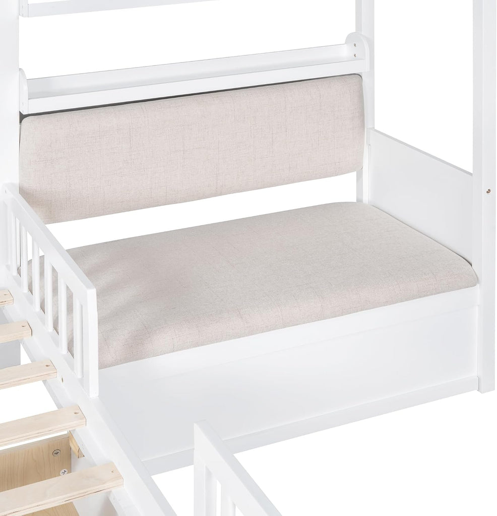 Kids Tw Bed Frame with Upholstered Sofa and 2 Drawers, Wood Montessori Bed with Storage Shelves and Tall Rails, L