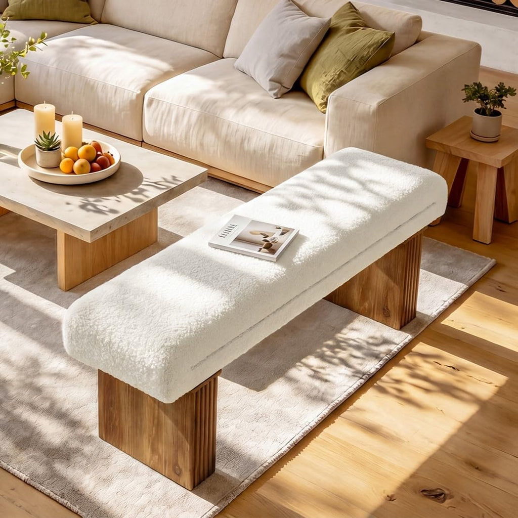 Solid Wood Entryway Bench, 47" Farmhouse End of Bed Bench, Ottoman Indoor Bench with Cushion, Upholstered Window