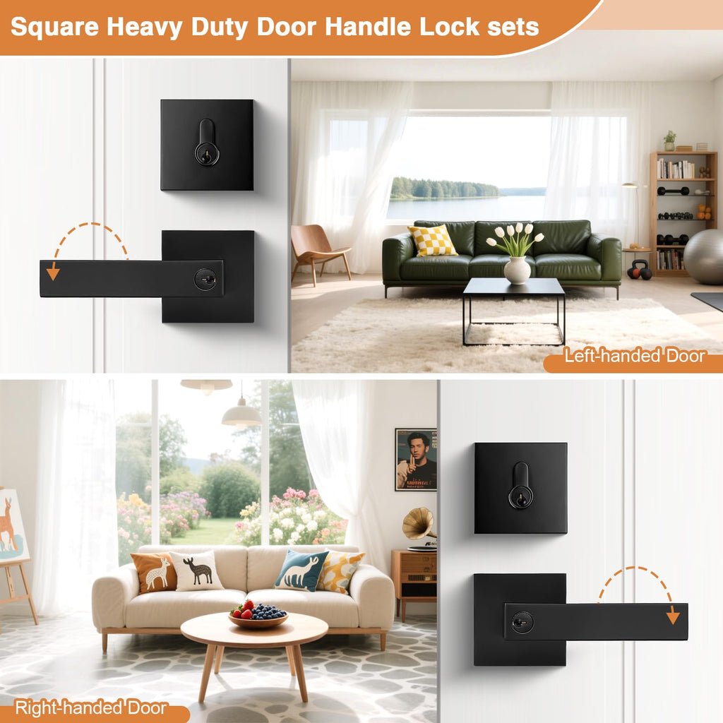 Square Keyed Entry Levers and Single Cylinder Deadbolts Combo Pack, Flat Black Heavy Duty Entrance Locksets Bedroom