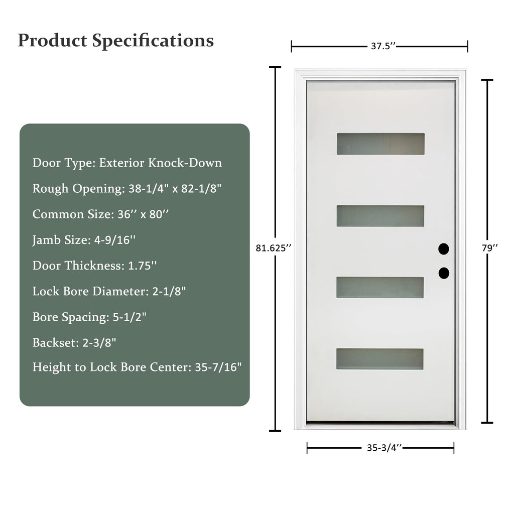 Fiberglass Exterior Front Door 36x80in, Left-Hand Inswing 4-Lite Frosted Glass White Primed Knock-Down French Entry