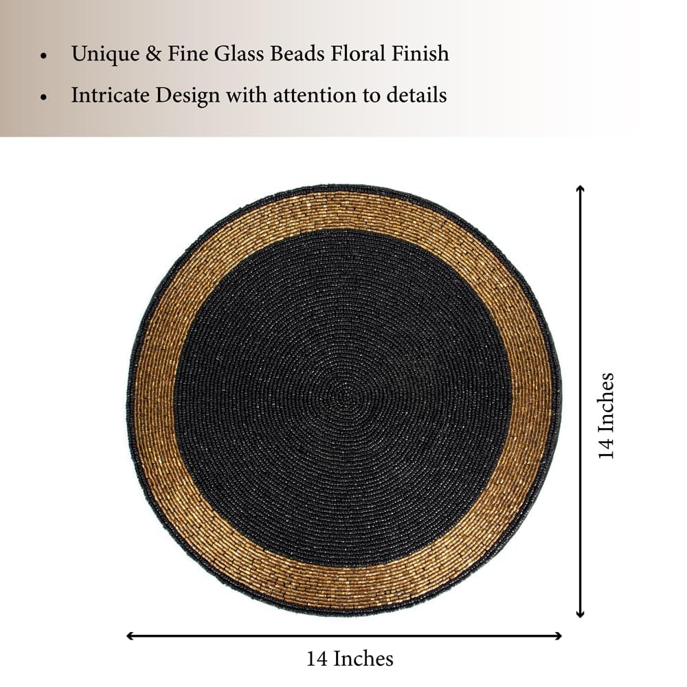 Black & Gold Beaded Placemat - 14" Space Tablemat Handmade Luxury Table Charger, Non-Slip Heat Resistant Dining &