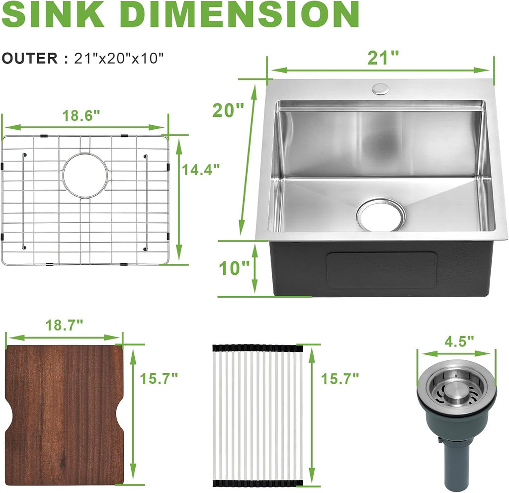 21x20x10 Inch Drop Sink, T304 16-Gauge Stainless Steel Single Bowl, Soundproof Brushed Finish, Includes Drain, Grid