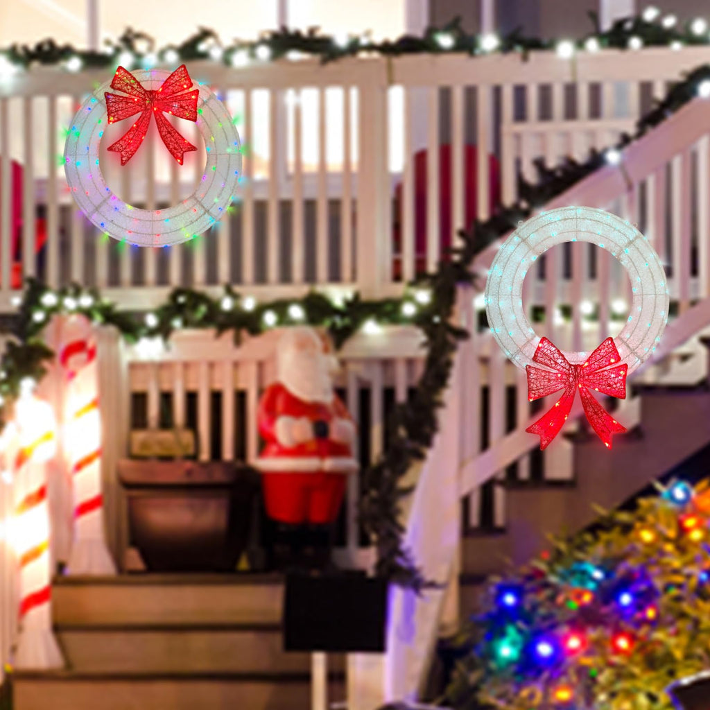 Lighted Wreath Christmas Outdoor Decorations, 24in Small Christmas Outdoor Lights Wreaths 110 Multi-Color Changing