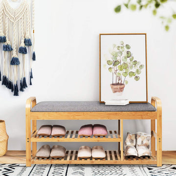Bamboo Shoe Bench, 3-Tier Entryway Bench with Cushion, Max Load 330 LBS, Modern Stool Storage Shelf Living Room Hallway