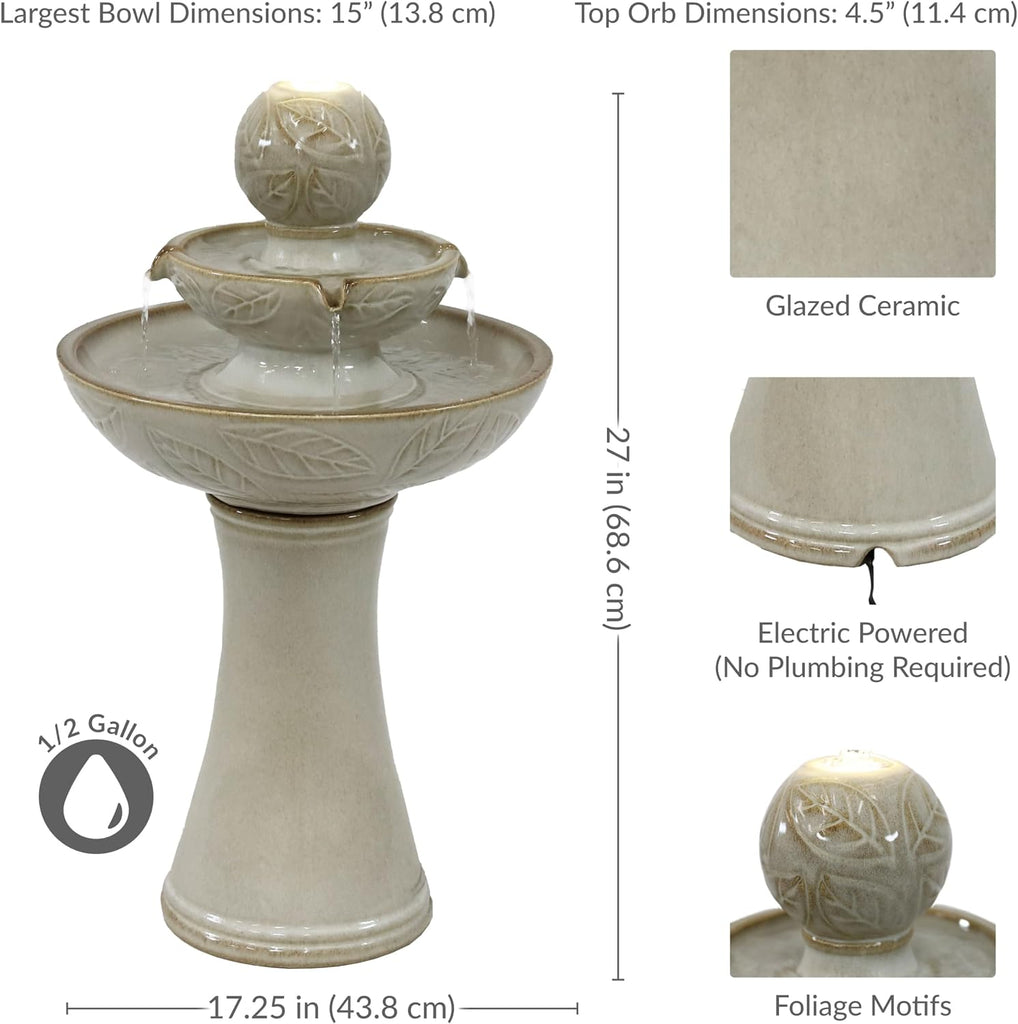 Gentle Glow 26.5" H 2-Tier Ceramic Outdoor Fountain with LED Light - Tiered Water Feature with Electric Pump - Off-White