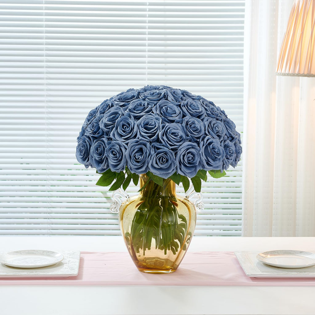 100 Pcs Fake Dusty Blue Roses, Artificial Blue Flowers Bulk Realistic Silk Faux Rose with Long Stems for Wedding