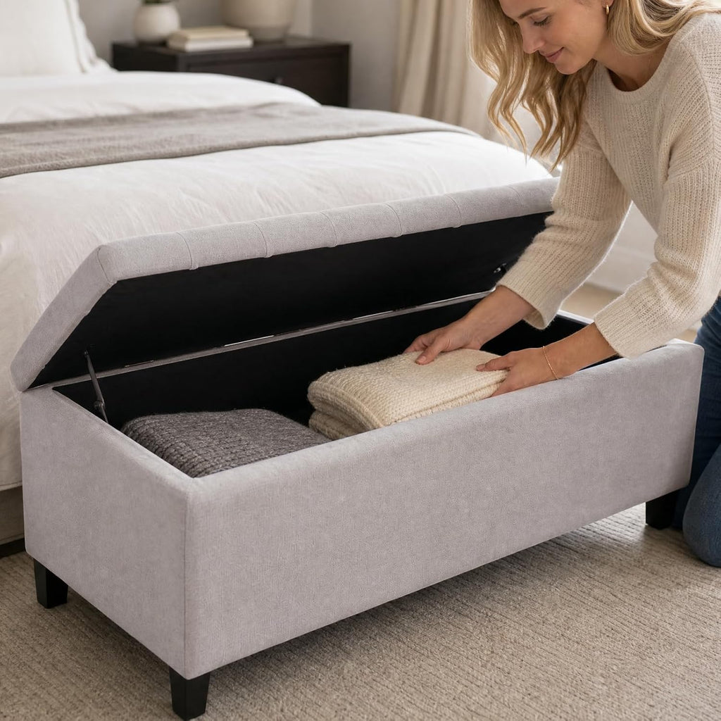 49" Upholstered Storage Bench, Button Tufted End of Bed Bench with Storage, Dual Spring Soft-Close Lid, Bedroom Bench