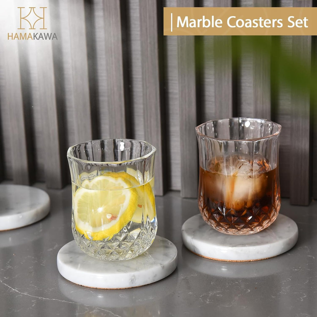 Real Natural Marble Coasters, Carrara White Coaster 4 inch, Modern Round Stone, Trendy Drink Coasters - Set of 4