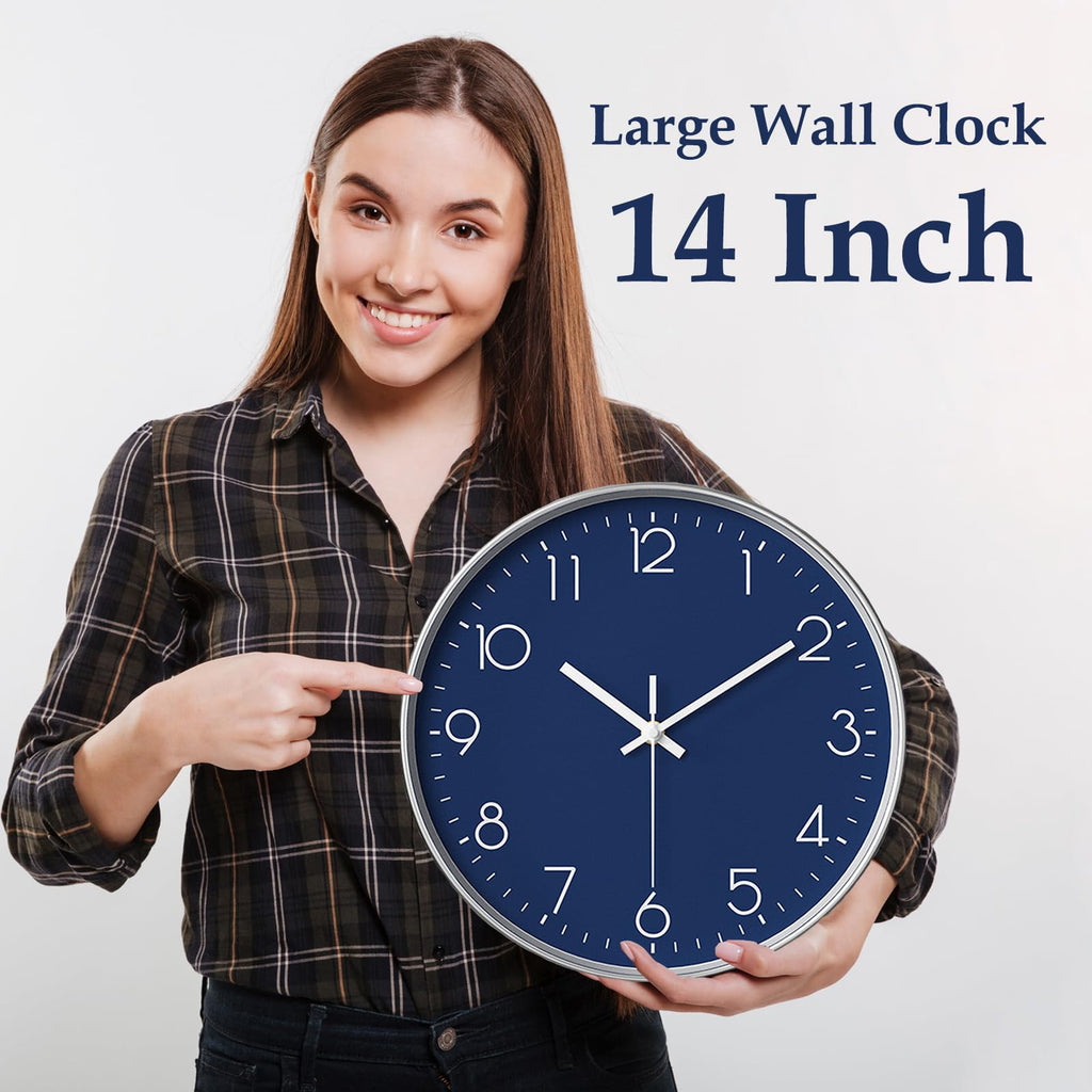 Navy Blue Modern Wall Clock Decor, 14 Inch Large Wall Clock Silent Battery Operated, Classic Round Analog Clock