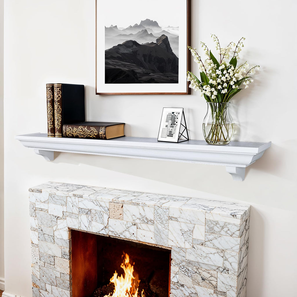 54 Inch Fireplace Mantel Shelf with Corbels, Rustic Floating Shelf, White